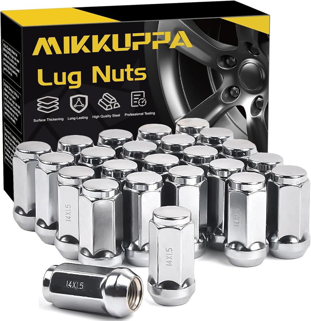 MIKKUPPA M14x1.5 Lug Nuts - Replacement for Chevy Silverado, Ford, GMC Aftermarket Wheel - 24pcs Chrome Seat Wide 23mm Closed End Bulge Acorn One-Piece Wheel Tire Lug Nut