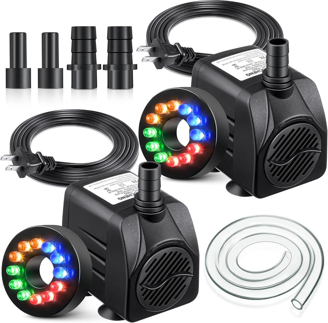 2 Pack 15 W 220GPH Submersible Fountain Pump with 12 Color LED Lights, Small Fountain Pump with 4 Spray Nozzles, Ultra Quiet Design for Outdoor Pond, Aquarium, Fish Tank