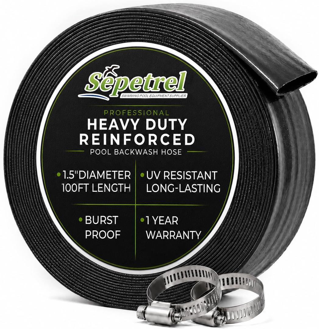 Sepetrel Pool Backwash Hose 1.5 Inch x 100 Feet | Heavy Duty Burst Resistant & Weatherproo Lay Flat Discharge Hose for Pool Sand Filter, Sump Pump, Inground & Above Ground Pools,Includes 2 Clamps