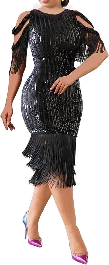 Cololura Elegant Women Sequin Short Sleeve Tassel Bodycon Midi Dress Party Evening Gown Formal Dress (3X-Large, Black-ss)