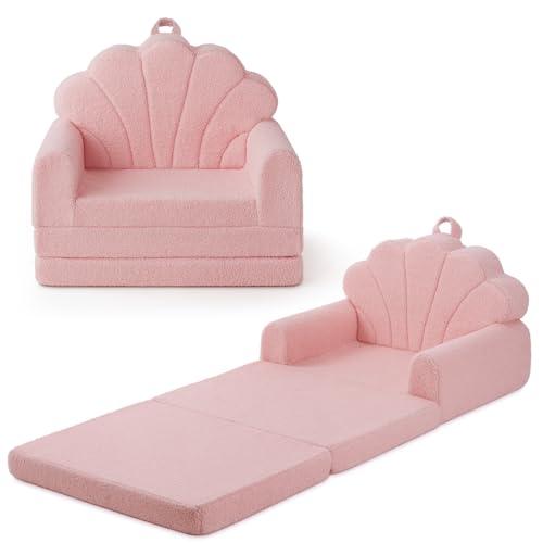 Blissful Diary Kids Couch, 2-in-1 Soft Toddler Couch Fold Out, Toddler Chair Comfy, Convertible Sofa to Lounger, Kids Furniture for Playroom, Gift for Birthday, Children's Day, Pink Shell