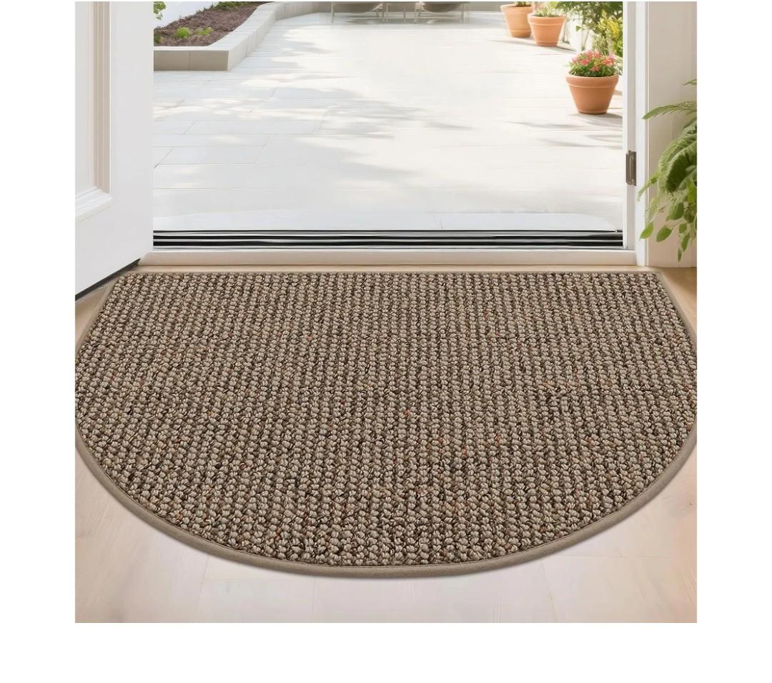 Dirt Trapper Door Mat 24" x 36" Half Circle Non-Slip Washable Doormats Entrance Rugs Absorbent Welcome Low Profile Floor Mats for Front Back Door and Entryway, Taupe