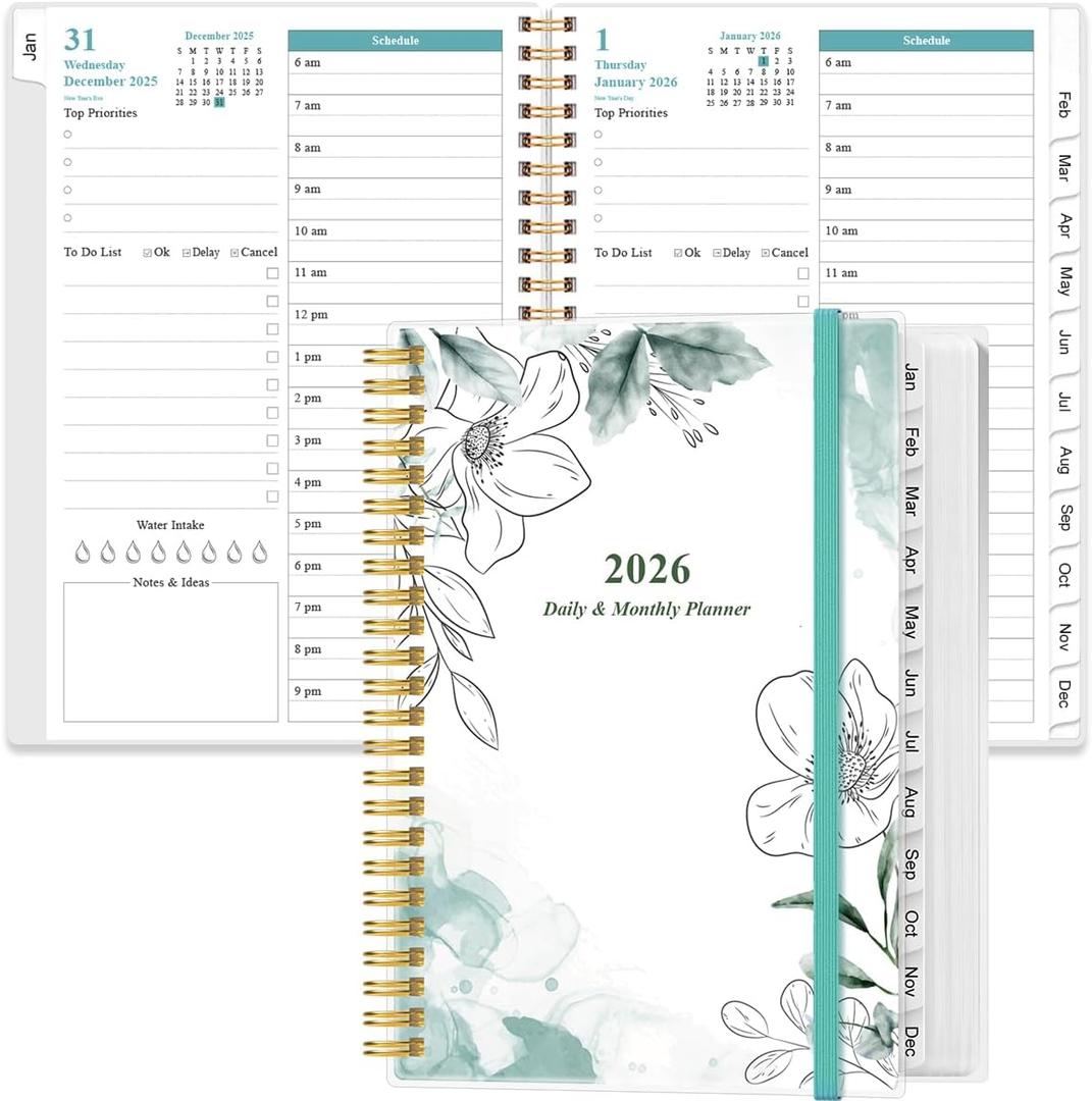 2026 Daily & Monthly Planner - One Page Per Day, Daily Planner 2026 from January 2026 to December 2026, Planners 26 with 12 Monthly Tabs, 6.4" x 8.5", Teal Flowers