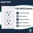 BESTTEN GFCI Outlet 15 Amp with Super Slim Design, GFI Electrical Outlet with LED Indicator, Non-Tamper-Resistant GFCI Receptacle, Wallplate Included, ETL Certified, 10 Pack, White