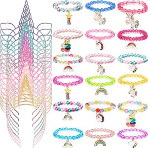 Yunsailing 36 Pcs Unicorn Party Favors Headbands for Girls Colorful Unicorn Bracelet Kids Gifts Rainbow Beaded Bracelets Horn Headband for Birthday Party Supplies