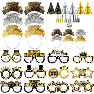 HEYPRIIL New Years Eve Party Supplies Decorations 2026, Happy New Year NYE Decorations Accessories Party Favors Headbands and Glasses/ Headband Cone Hats, New Year Glasses, and Tassel Squawkers