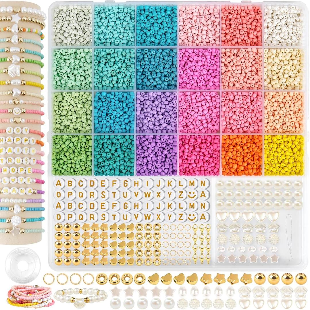 TEXGIZRLY 3mm Glass Seed Beads for Bracelet Jewelry Making 24 Colors Bracelet Making Kit for Adults DIY Friendship Bracelets Kits with Letter Beads