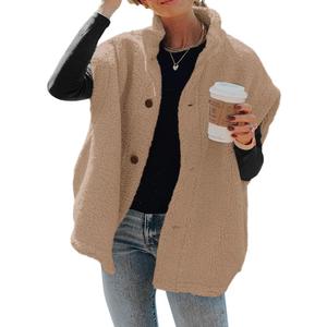 Hongqizo Womens Fuzzy Fleece Vest Casual Oversized Warm Button Down Sherpa Vest Jacket with Pockets (Large, Khaki)