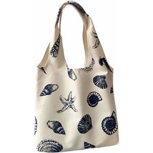 Beach Inspired Canvas Tote Bag For Women, Nautical Seashell And Starfish Print, Casual Shoulder Bag Aesthetic, Cute Small Book Tote, Portable Washable For Women Grocery Shopping Gift For Birthday Day
