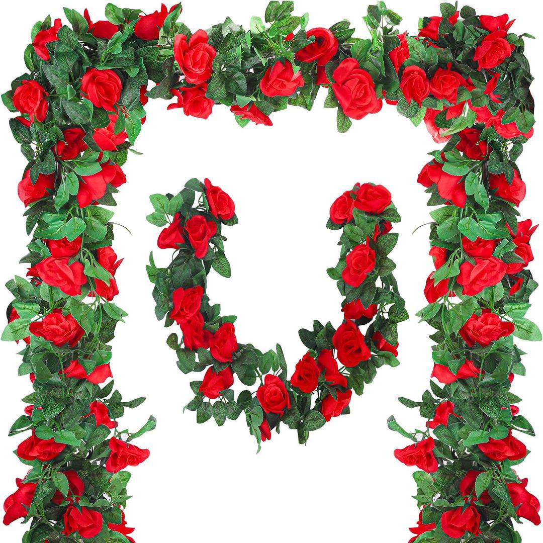 Aneco 8 Pack 64 FT Red Flower Garland Kentucky Artificial Rose Vines Derby Roses Fake Vine Flowers Plants Party Supplies for Kentucky Holiday Wedding Garden Craft Art Decoration
