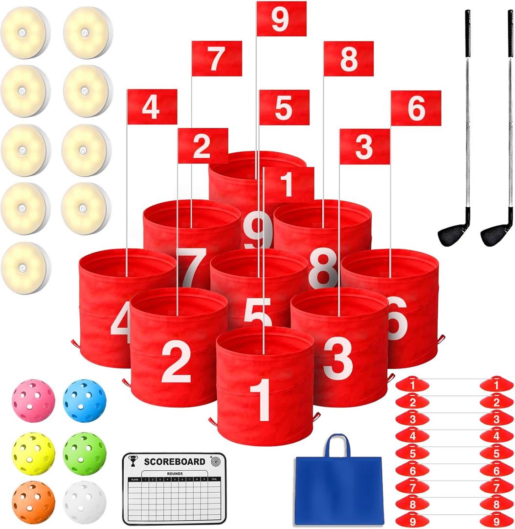 9 Holes Backyard Outdoor Golf Games with 2 Adjustable Clubs and 9 LED Light, Lawn Golf Game for Adults to Practice for Camping,Party,Backyard,Beach