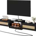 IBUYKE Modern Rattan Floating TV Stand with Doors,Wall Mounted TV Shelf for TVs up to 55 Inches,Media Console Entertainment Center for Under TV Storage Cabinet for Living Room Bedroom,Black UWST012B