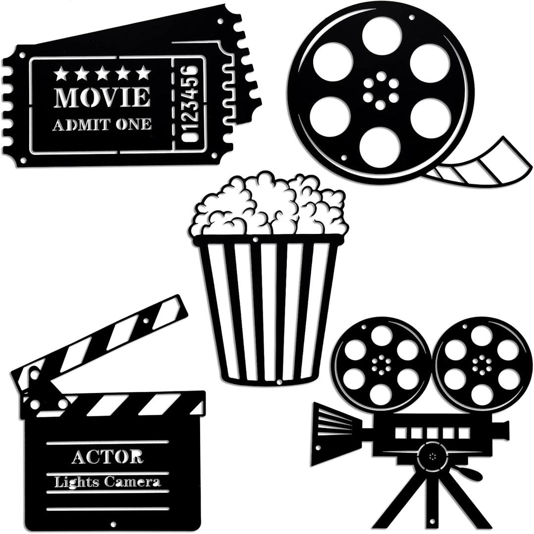 Moxweyeni 5 Pcs Movie Theater Decor Movie Theater Metal Home Room Decor Cinema and Popcorn Reel Wall Sign Art Cinema Film Wall Decoration for Home Party Supplies