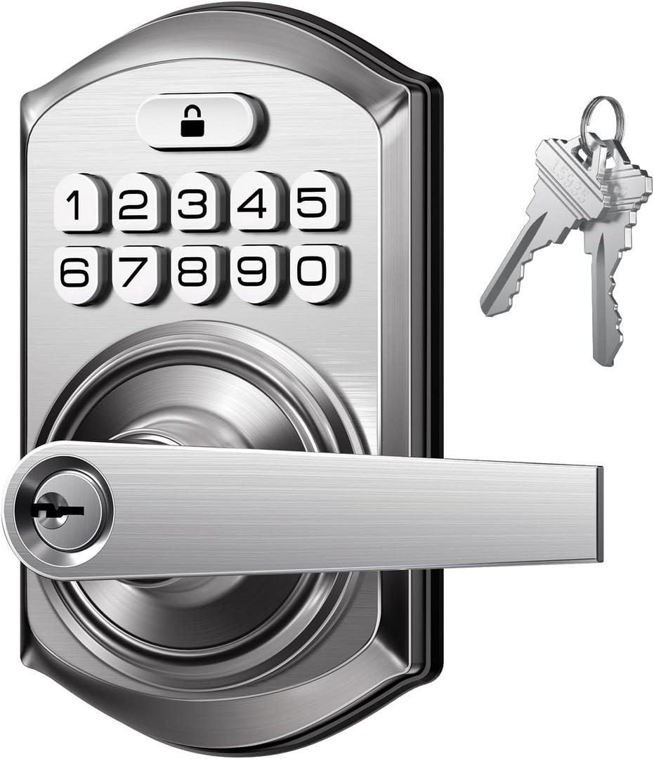 TEEHO TE004 Keyless Entry Keypad Door Lock with Handle - Front Digital Door Electronic Deadbolt with Anti-Peeping, Auto Lock & Passage Mode - Easy Installation - Satin Nickel