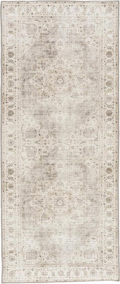 2x12 ft Area Rugs Washable for Living Room - Soft Oriental Farmhouse Rug with Non-Slip TPR Backing - 0.13inch Low Pile Stain Resistant Polyster Indoor Carpet Medallion - Beige Ivory
