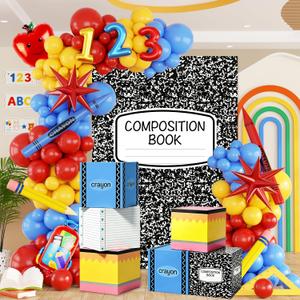 Back To School Decorations, Back to School Balloon Arch Kit with Composition Notebook Classroom Decor Backdrop Abc Boxes and Inflatable Pencils and Crayons for First Day of School Party Supplies
