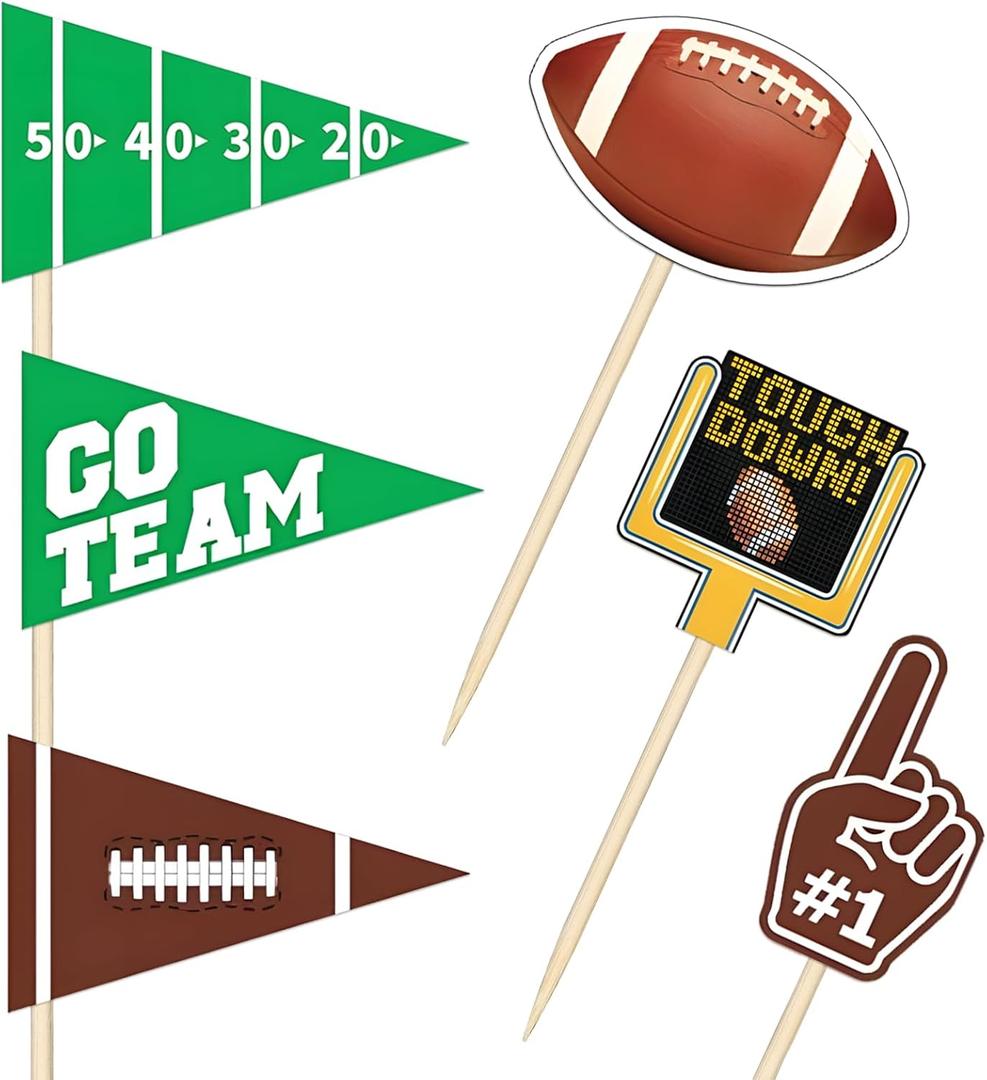 96 pcs Football Flag Wooden Food Picks, Rugby Cupcake Toppers Football Picks for Food Rugby Super Ball Toothpicks for Sports Theme Party Birthday Party