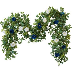 PARTY JOY 6.56ft Eucalyptus Garland with Flowers-8 Blue White Roses, Artificial Fake Flowers Greenery Garland Floral Vines for Decoration Party Wedding Table Indoor Outdoor Backdrop Wall Decor