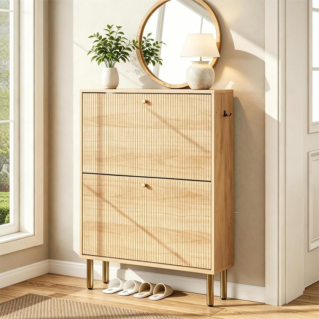 Nicetree Shoe Storage Cabinet for Entryway - Flip Shoe Cabinet with Tiered Fluted Design - Slim Shoe Storage Rack with Gold Legs - Narrow Shoe Cabinet Hidden Shoe Organizer for Small Spaces, 30 x 9.5 x 36.7 inches