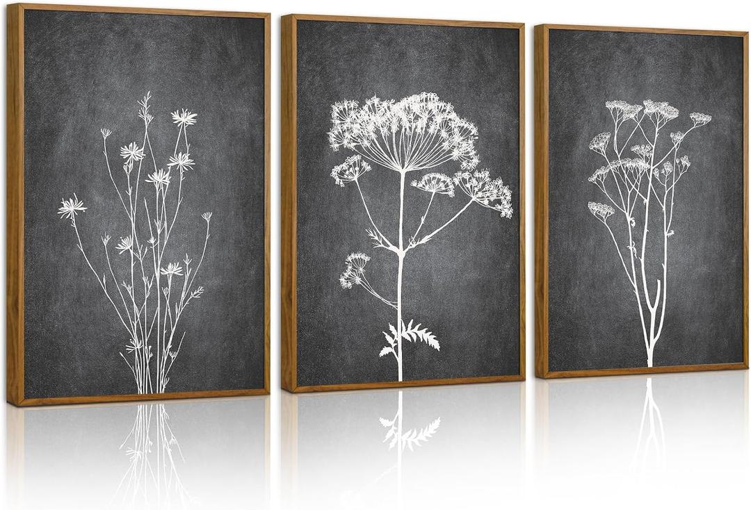 Tinonedraw Black and White Floral Framed Canvas Wall Art Set, Vintage Flower Wall Decor, Dark Academia Minimalist Botanical Art Paintings, Wildflower Art Print for Living Room Bedroom Office 16"x24"x3, 24L" x 16W"