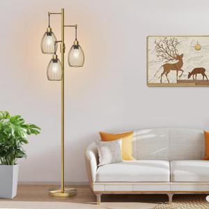 Dimmable Floor Lamp, 3 x 800LM LED Edison Bulbs Included, Farmhouse Industrial Floor Lamp Standing Tree Lamp with Elegant Teardrop Cage Tall Lamps for Living Room Bedroom Office Dining Room-Brass
