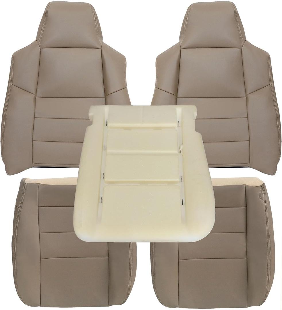 GXARTS Tan Driver & Passenger Side Bottom & Top Lean Back Replacement Leather Seat Cover & Driver Foam Cushion Fit for Ford F250 F350 F450 F550 Lariat 2002-2007 Fit for Ford Excursion 2002-2005
