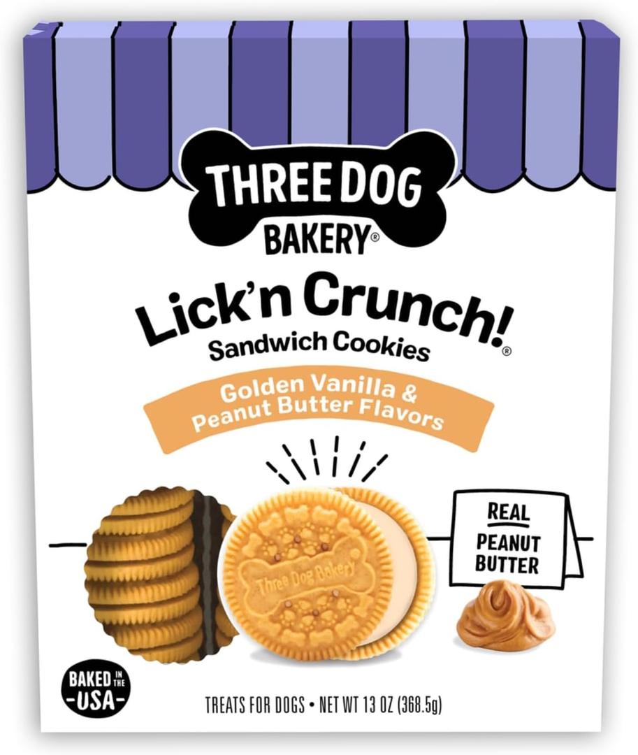 Three Dog Bakery Classic Cremes Baked Dog Treats, Golden with Peanut Butter Filling, 13 oz,Brown,310077, Best By: SEP 2026 Three Dog Bakery Classic Cremes Baked Dog Treats, Golden with Peanut Butter Filling, 13 oz,Brown,310077, Best By: SEP 2026