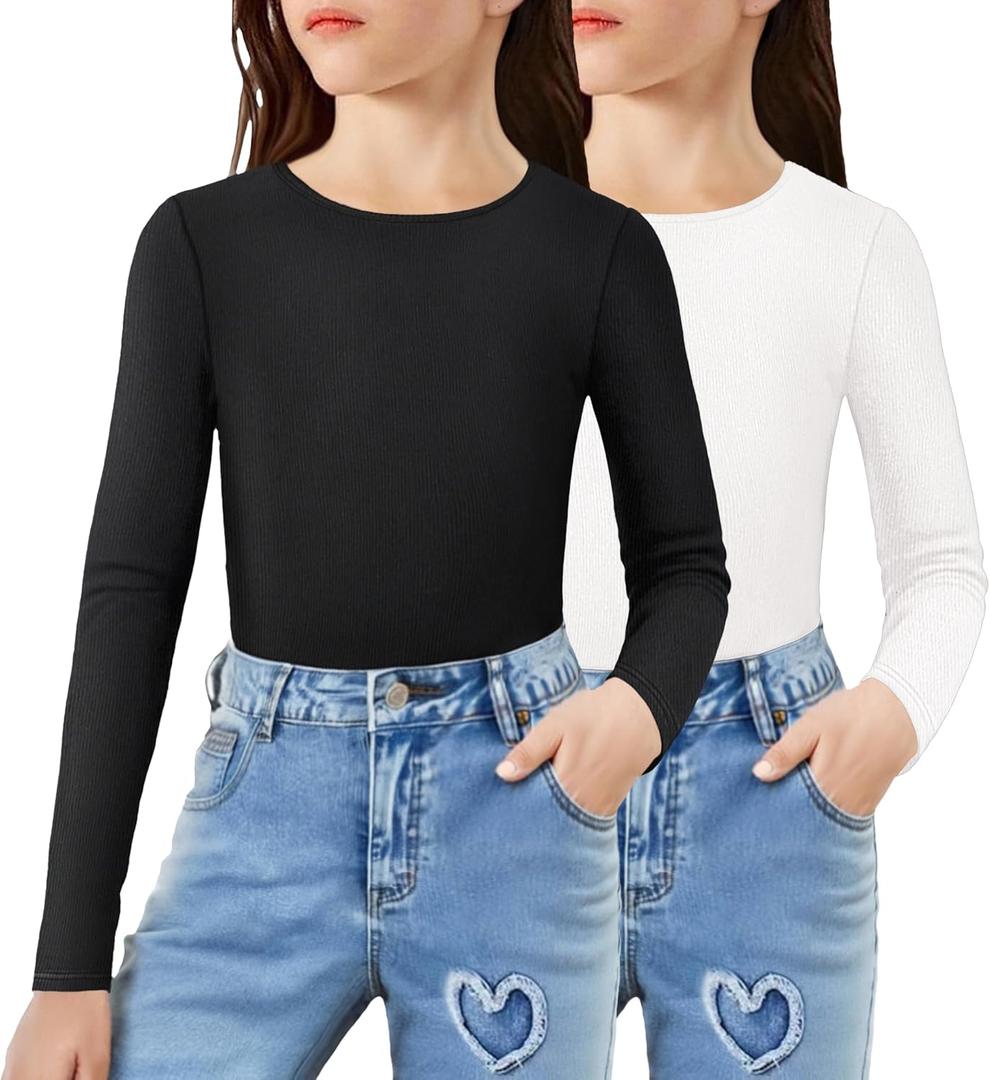 Arshiner Girls Long Sleeve Ribbed Knit 2 Packs Black and White Tops for Kids Slim Fit Girls Base Layer Shirts Crewneck Casual Kids Undershirt Size 8 Years