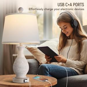 PARTPHONER Traditional Table Lamp, Bedside Touch Lamp with USB C+A Charging Ports, Rustic Farmhouse Table Lamp for Living Room Bedroom, Side Table Lamp with White Fabric Shade, Antique Grey
