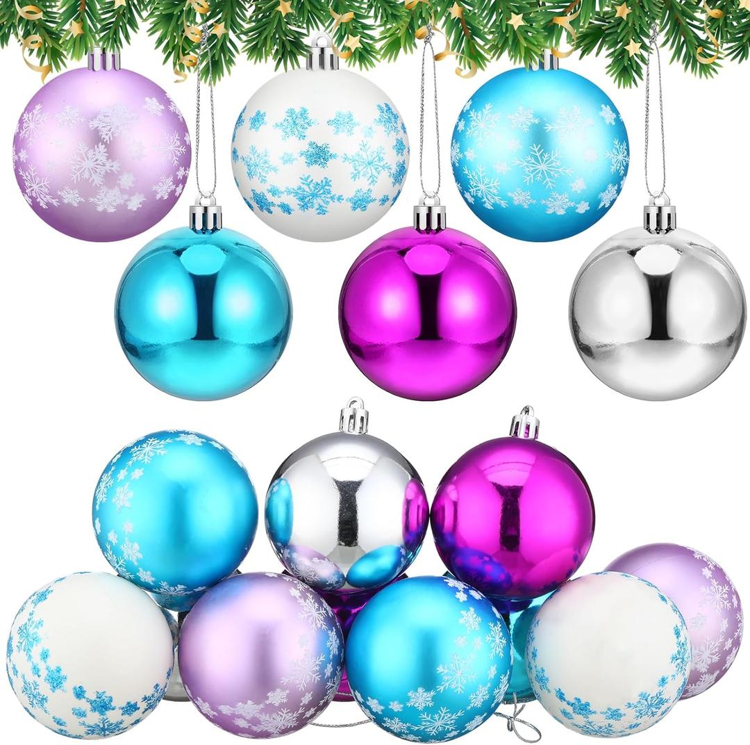 Soulchen 12 Pcs Snowflake Christmas Ball Ornaments 2.4 Inch Purple and Blue Christmas Tree Hanging Ornaments Xmas Hanging Decorations Plastic Xmas Trees Baubles for Winter Theme Holiday Party Decor