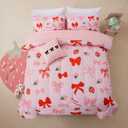 A Nice Night Red Bow Comforter Set,6 Piece Bed in a Bag Matching Sheet Set,Cute Ribbon Bowknot Bedding Sets,Princess Style Strawberry Printed,Light Pink Room Decor for Girls,Full (Blush)