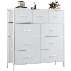 OLIXIS Dresser for Bedroom, 9 Storage Drawers, Wide Fabric Closet Chests Organizer Tower Furniture, TV Stand with Wooden Top Metal Frame for Clothes, Living Room, Hallway, Entryway, Classic White