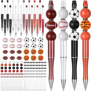 Colarr 16 Set Plastic Sports Ball Beadable Pens Assorted Basketball Football Baseball Rugby Bead Ballpoint Pens DIY Bead Making Kit with Black Refills and Bag for Students Gifts School Office Supplies