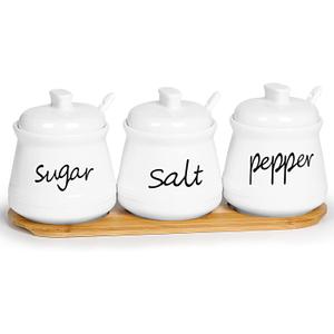 ONTUBE Porcelain Condiment Pots Set of 3 with Tray 12oz White
