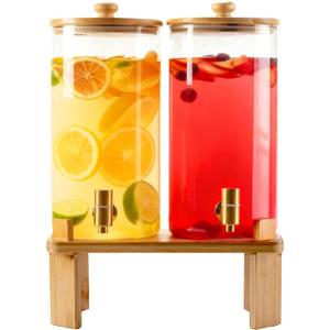 1.5 Gallon 2 Pack Glass Drink dispenser for parties,Beverage Dispenser With Wood Stand,Water Dispensers with spigot,lemonade dispenser,juice containers & water pitcher with lid
