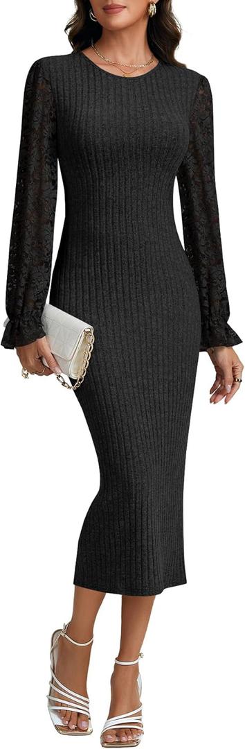 LYANER Women's Elegant Contrast Lace Long Sleeve Ribbed Knit Slit Slim Midi Bodycon Dress (Large, Black)
