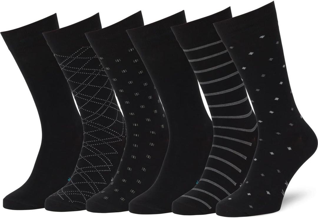Easton Marlowe Mens Dress Socks 6 Pair Combed Cotton Classic Patterns No Seam Comfort (10-13, 6 Pairs, Black - Light Gray/Silver Hues)
