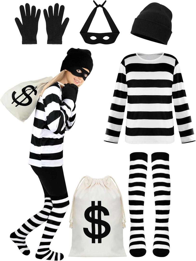 QZYL Kids Robber Cosplay Set, Black and White Striped Shirt Beanie Cap Bag Mask Socks Set for Halloween Cosplay Burglar (Small)