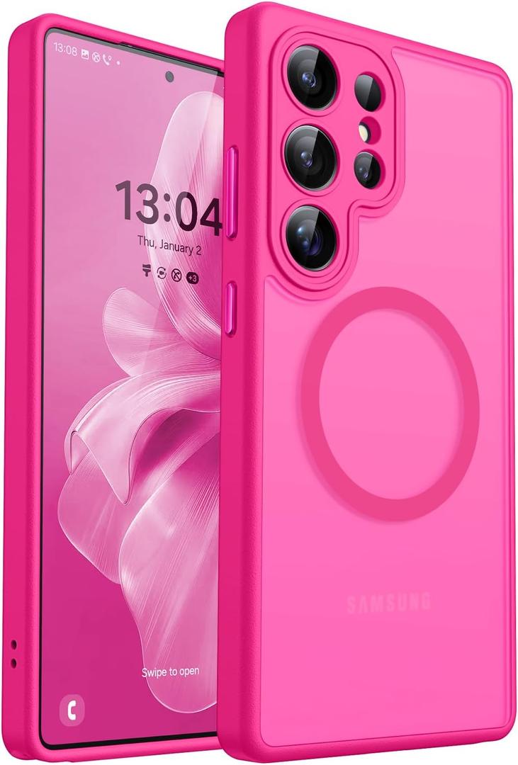 CANSHN Designed for Samsung Galaxy S23 Ultra Case [Full Camera Protection] [Compatible with MagSafe] Translucent Matte Shockproof Protective Phone Cover 6.8 Inch - Hot Pink
