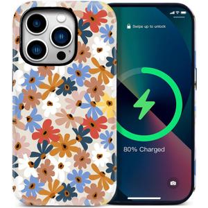 Qokey for iPhone 16 Pro Case - Compatible with MagSafe, Frosted Colorful Lovely Flowers, 2-Layers Hybrid Hard & Soft Magnetic Shell Shockproof Design, Military-Grade Drop Protection Phone Cover (Boho Brown Flower)