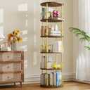 5-Tier Rotating Bookshelf, 360 Round Spinning Book Shelf Tower, Tall Skinny Wood & Metal Bookshelf for Corner/Office/Home, Modern Industrial Vintage Style (Gold)