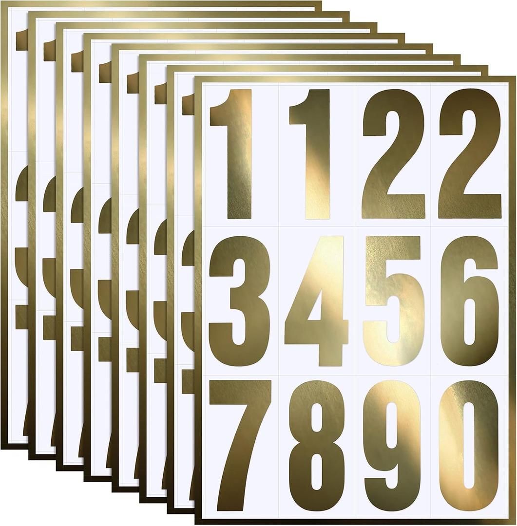 Tenare 96 Pieces 8 Set Reflective Mailbox Numbers Vinyl Waterproof Numbers 0-9 Self Adhesive for Outside Signs Door Trucks Address Trash Cars Home Business(3 Inch,Gold in White)