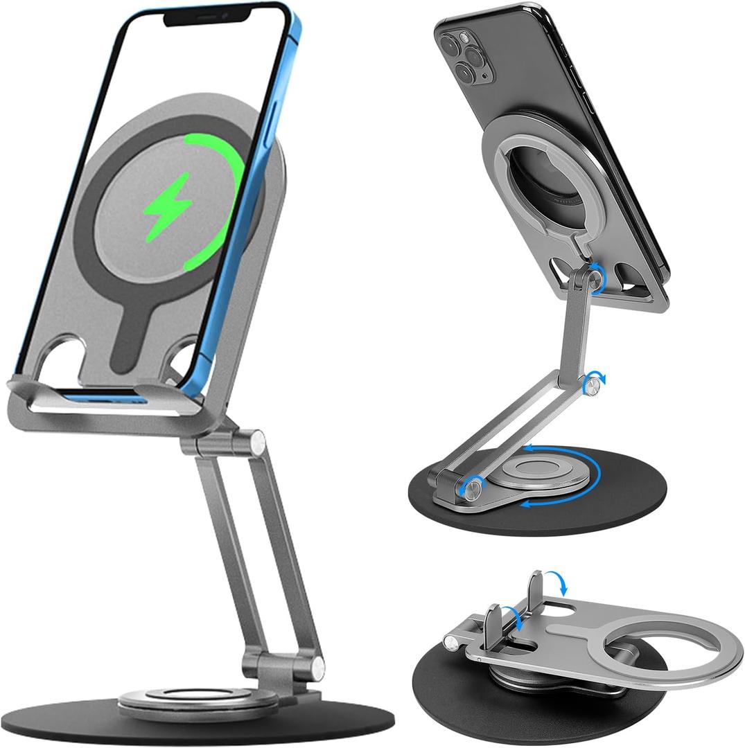 UCINNOVATE Cell Phone Stand for Desk, Adjustable Height and Angle Aluminum Charging Holder Dock for Magsafe Charger, Compatible with iPhone 15/14/13/12 Series[Charger Not Included] (Black)