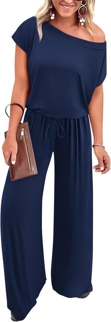 KIRUNDO Womens Jumpsuit 2026 Casual Summer Loose One Piece Off Shoulder Elastic Waist Wide Leg Long Romper with Pockets (Large, Navy)