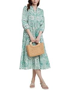 YEXPINE Women's Floral Printed Maxi Dress Boho Tassel Tie Neck 3/4 Sleeve Ruffle Hem Flowy Tiered Long Dress with Pockets Green, S