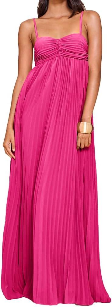 Women's Plisse Dress Adjustable Spaghetti Strap Maxi Solid Party Wedding Guest Dresses (Pink, M)
