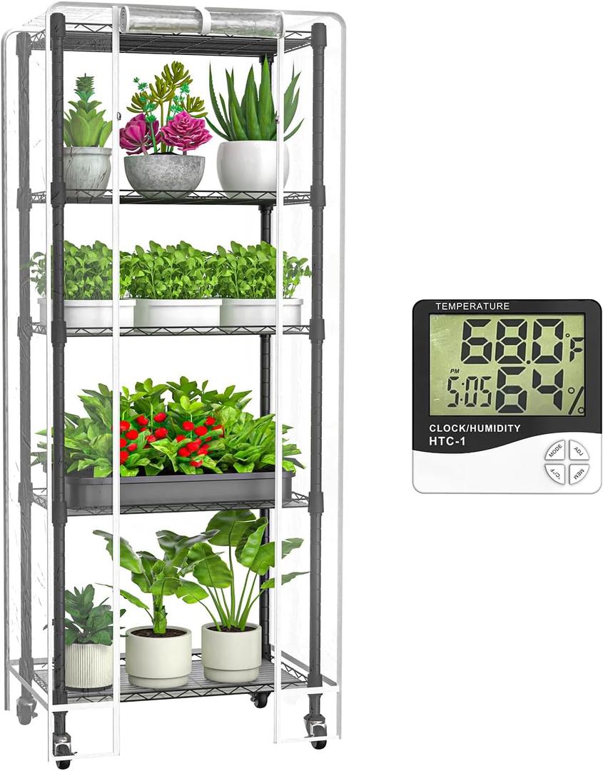 Mini 5-Tier Greenhouse for Indoor Outdoor, 23.2" L13.4" W61.4" H Portable Greenhouse with Clear PVC Cover and Metal Shelf for Growing Vegetables, Flowers and Seedlings, with Wheels
