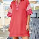 Wenrine Women's Polo V Neck T Shirt Dress Casual Summer Oversized Color Block Short Sleeve Sweatshirt Mini Dresses (L)