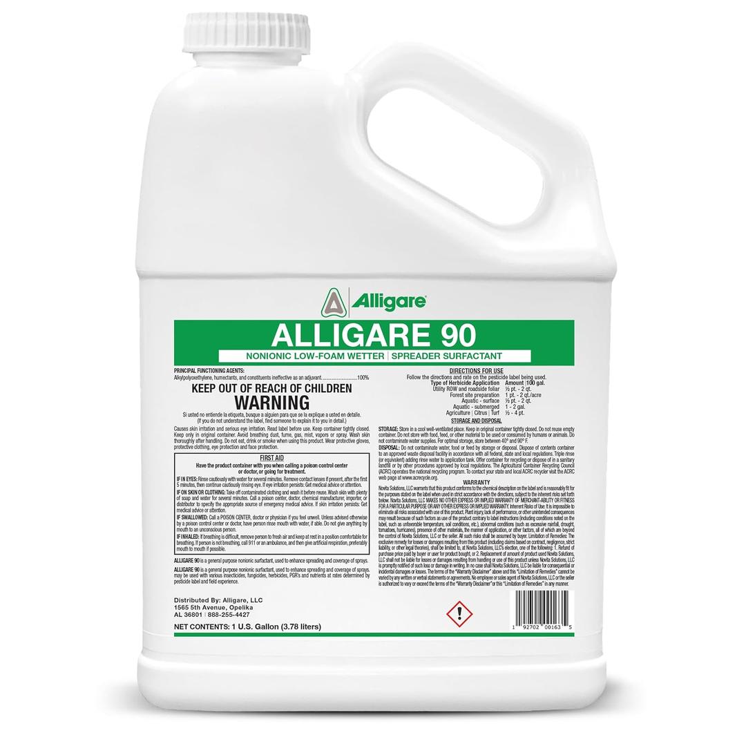 ALLIGARE 90 Nonionic Surfactant for Enhanced Spray Coverage - Low-Foam Wetting Agent for Herbicides & Insecticides- Versatile Use in Agriculture, Forestry & Aquatic Applications -1 Gallon