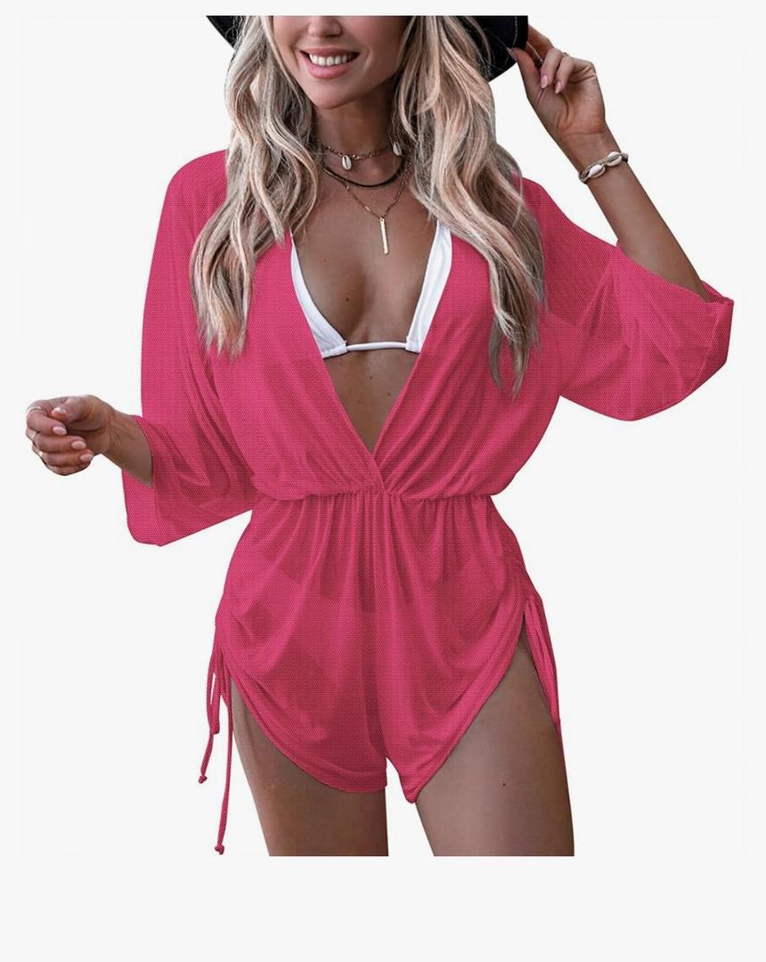 Women's Beach Deep V Neck Drawstring Swim Bikini Bathing Suit Cover up, S